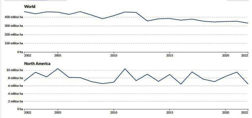 two charts showing that the burnt area for both global and the US is either flat or trending down since 2002.