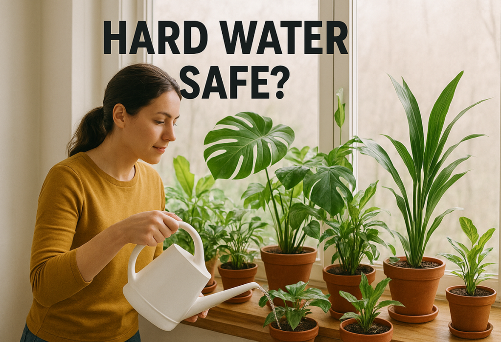 girls watering houseplants in front of a window