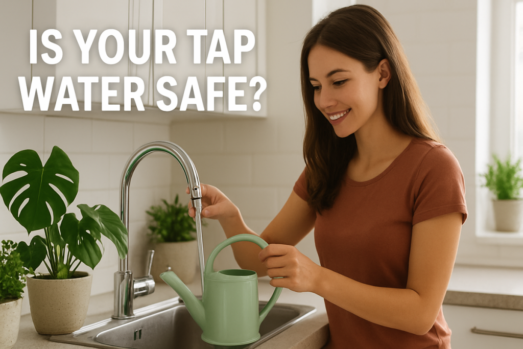 girl filling watering can at the sink