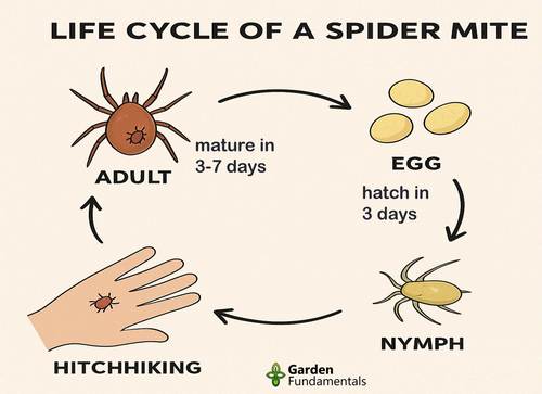 diagram showing life cycle from egg to nymph to adult and back to egg again in 7 days.