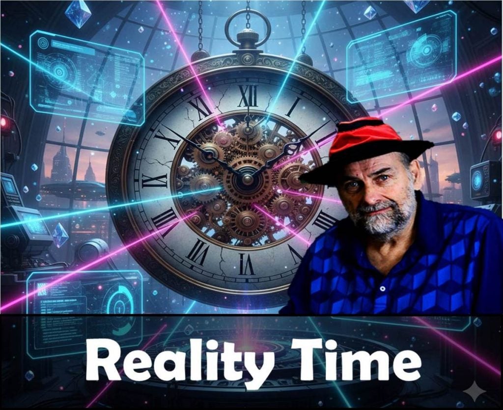 Picture of a large clock with an image of Robert Pavlis in front.